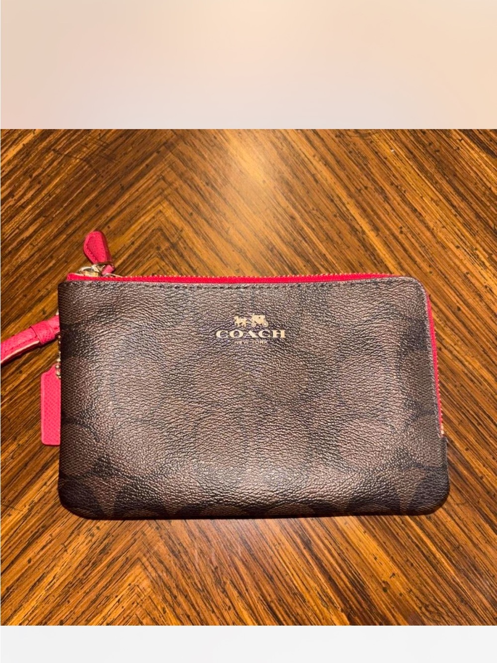 Coach Brown Signature Leather Wristlet with Pink Trim